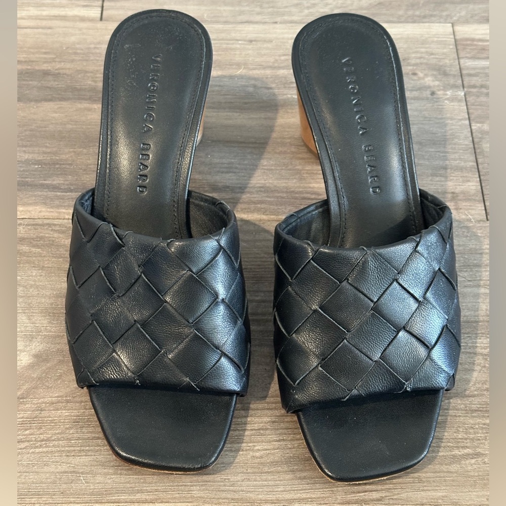 Veronica Beard Kiele Leather Woven Strap Block-Heel Mules. Size 6.